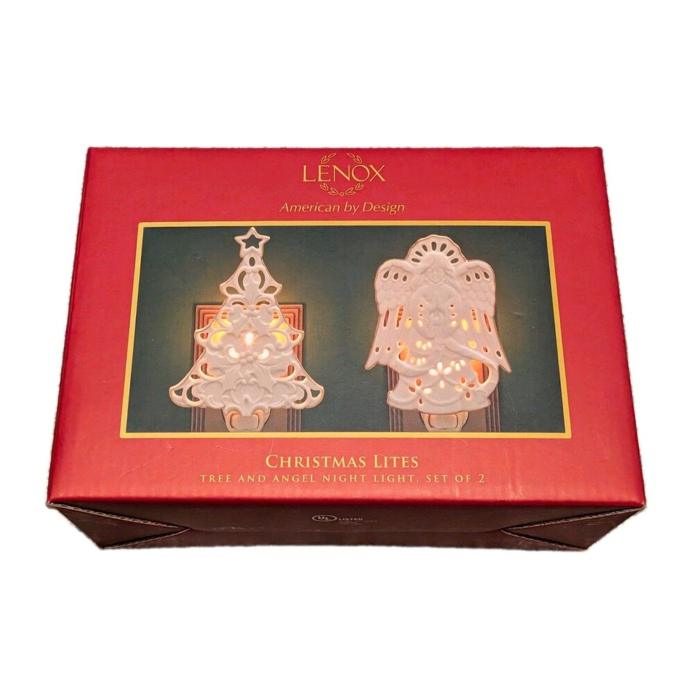 Lenox Christmas Lites Tree Angel Night Lights Set of 2 Porcelain in Box 691491